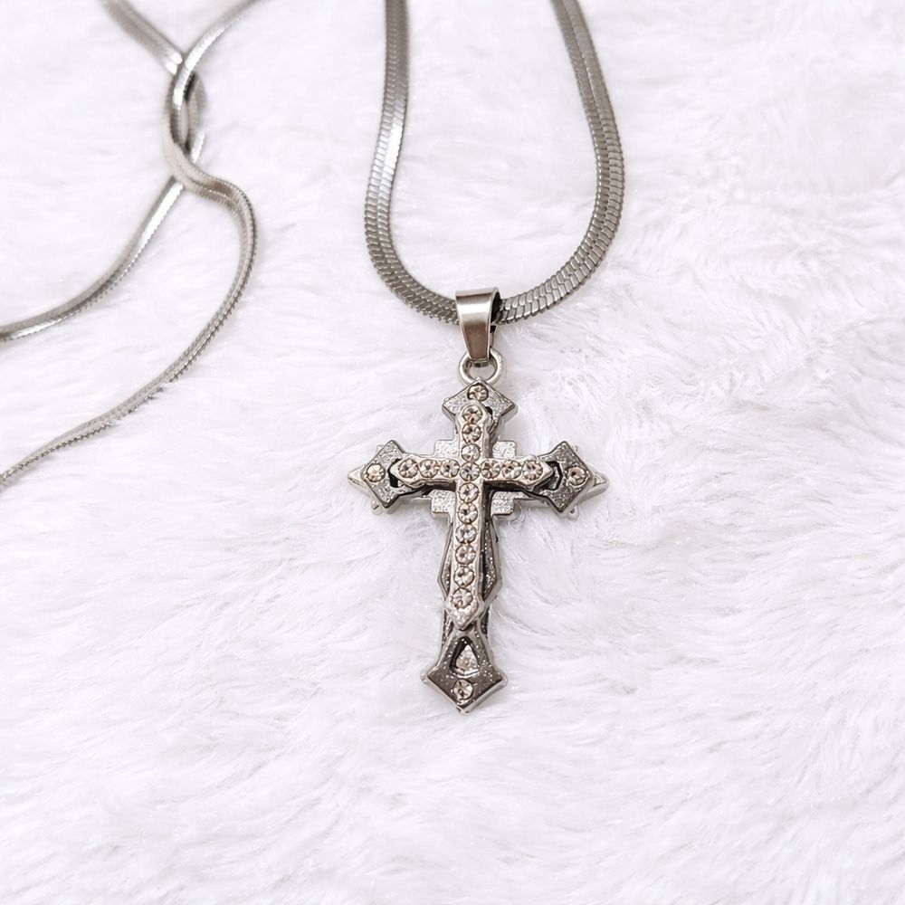 Silver Rhinestone Cross Necklace - Picture 1 of 7